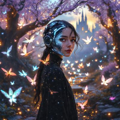 The primary subject of the image is a woman wearing a futuristic helmet and a black shirt. She is standing in a forest, surrounded by a multitude of butterflies. The setting is a lush, green forest with a pathway leading through it. The visual style of the image is a combination of photo and digital art, creating a surreal and dreamy atmosphere. The colors and mood of the image are predominantly warm and vibrant, with the butterflies adding a touch of